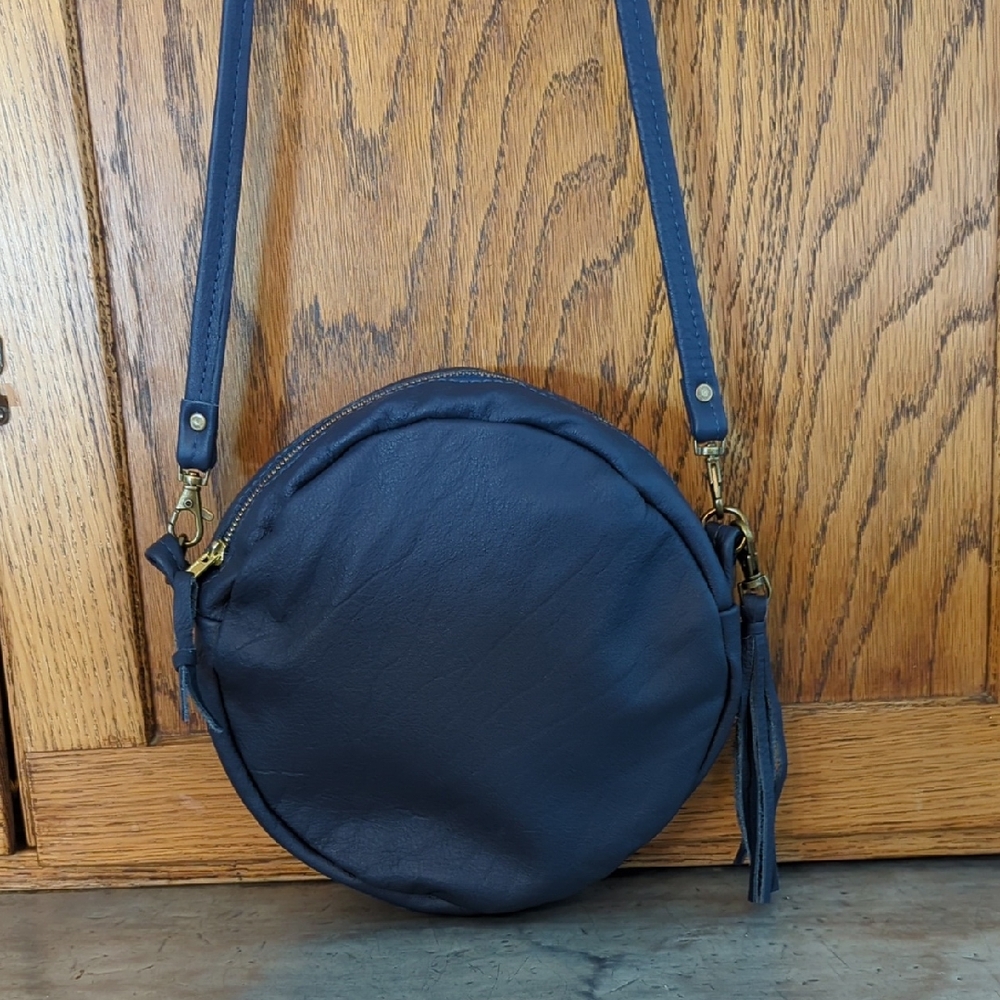 Large Round Crossbody Leather Purse in Navy Blue